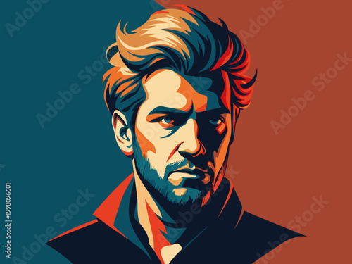 A powerful graphic pop-art portrait of a bearded man with an intense gaze against a contrasting split color background.