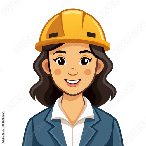 An illustration of a smiling woman in a hard hat and suit, suitable for construction or engineering topics.