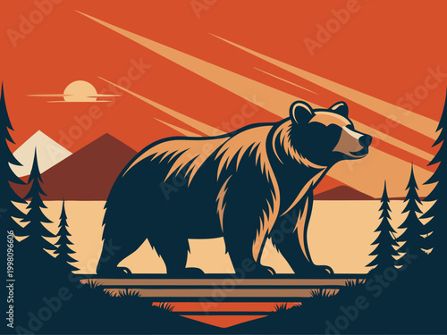 A vintage style vector illustration of a grizzly bear walking through a mountain and forest landscape.