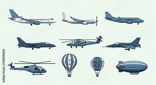 Collection of various aircraft and airships for transportation.