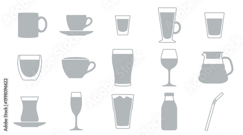 A collection of various drinking vessels and containers, including mugs, cups, glasses, and a pitcher, presented in a simple, flat design.