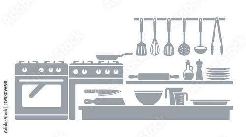 A clean, modern kitchen illustration featuring two stoves, various utensils hanging on a rack, and shelves stocked with cooking essentials.