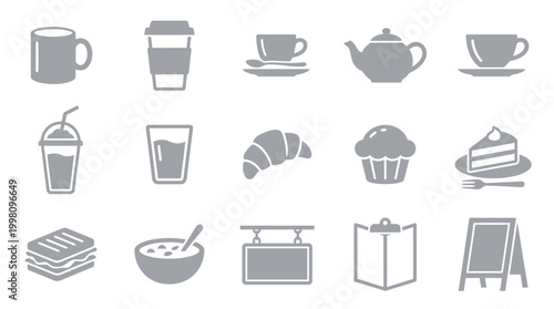 A collection of 15 grey icons representing various cafe and coffee shop items, including drinks, pastries, and service elements.