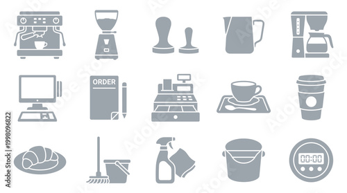Collection of flat design icons representing various elements of a coffee shop or cafe, including equipment, food, and cleaning supplies.