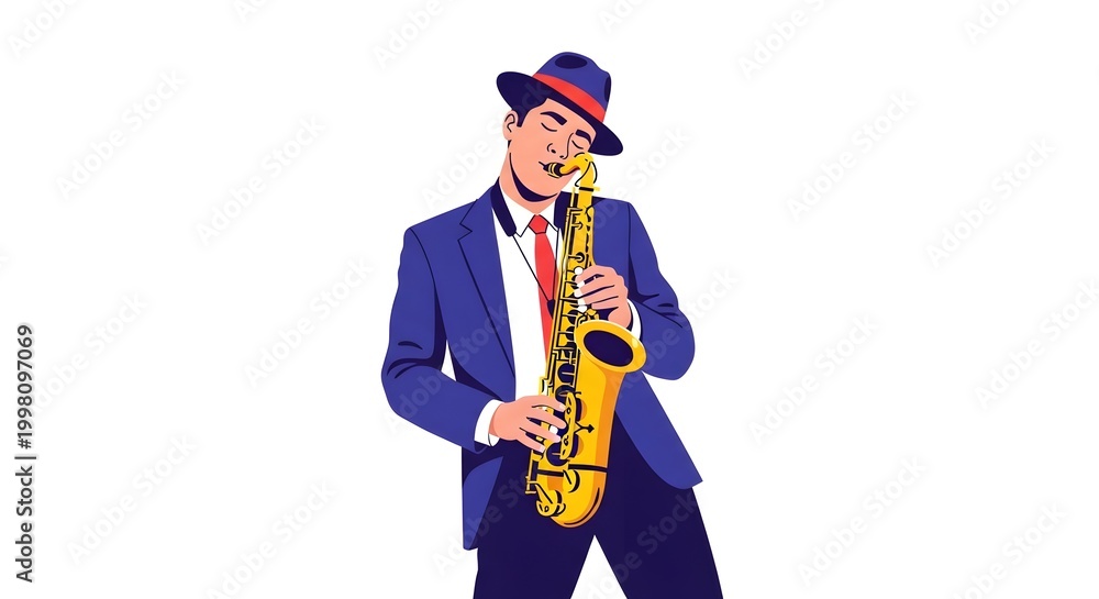 Naklejka premium Elegant Jazz Saxophonist in Blue Suit and Hat Playing