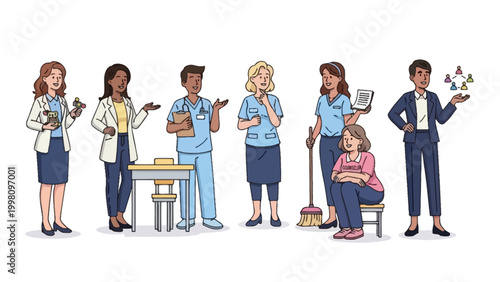 Diverse group of healthcare professionals and support staff in a hospital setting