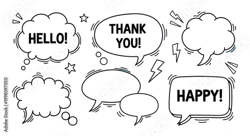 hand drawn speech bubble and thought bubble collection in comic style expressing hello thank you and happy for communication design