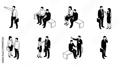 isometric business people vector set showing corporate employees in various situations like meetings and communication.