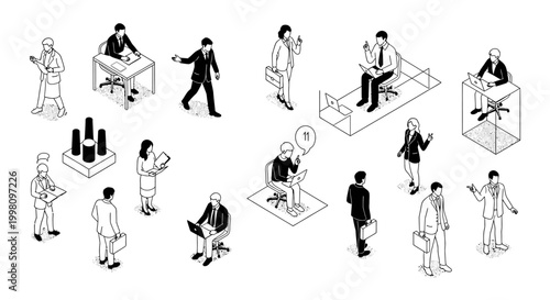 isometric business people in various office and meeting situations vector illustration