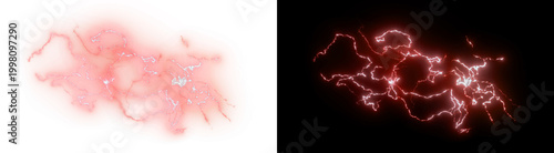 Fotografía PNG image of Vivid red electrical discharge with intricate, bright white energy sparks creating a dynamic lightning effect on transparent background