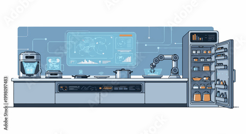 Futuristic kitchen with automated devices and digital displays