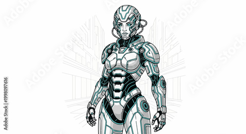 Futuristic robotic female figure with detailed armor and glowing blue accents