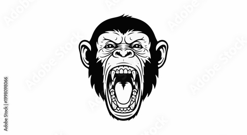 Fierce primate with bared teeth and furrowed brow, black and white