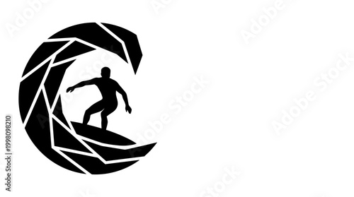 A stylized black and white graphic of a surfer riding a wave, with geometric patterns forming the wave.