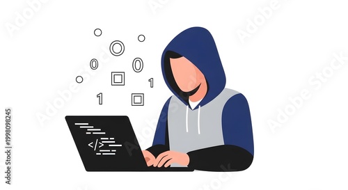 Young Hacker in Hoodie Coding at Laptop