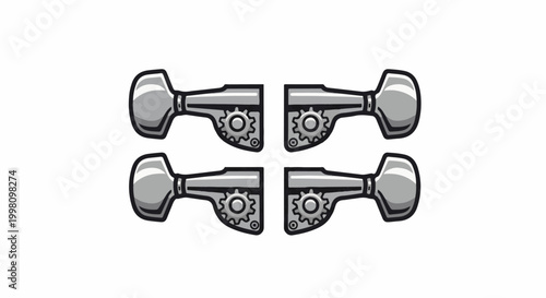 Four metallic tuning pegs with visible gears arranged in a cross shape