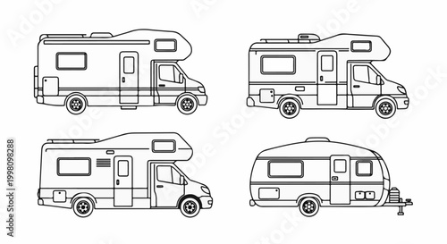Four outline drawings of recreational vehicles and campers