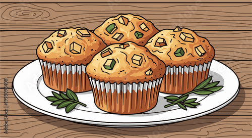 Four savory muffins with herbs and cheese on a plate