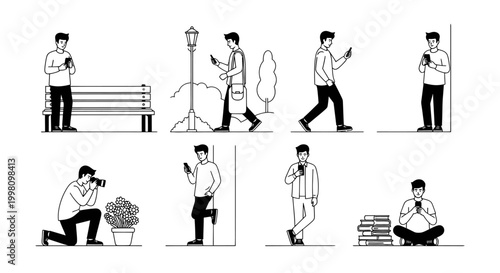 Modern man using smartphone in various everyday situations