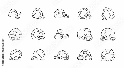 Fifteen black and white illustrations of various rock formations