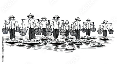 Traditional Asian Farmers Carrying Produce Baskets Illustration