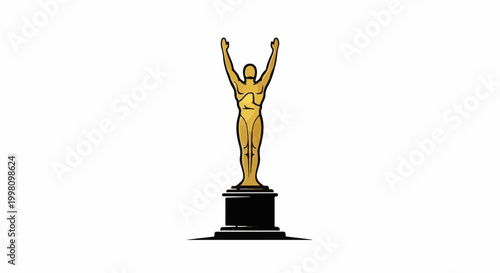 Golden statuette award with raised arms on a black base