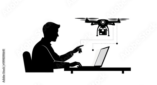 Man controlling drone with laptop for delivery