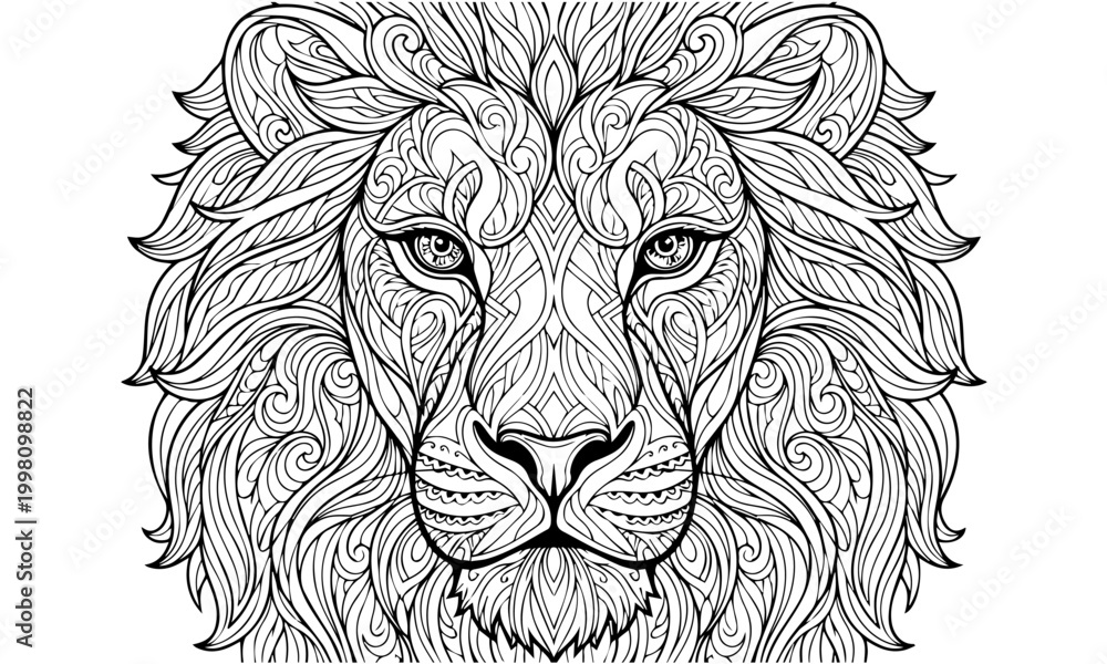 Obraz premium Majestic lion head sketch with intricate line art and tribal patterns. oloring page, Black and White Line Art Printable for Kids and Adults. 