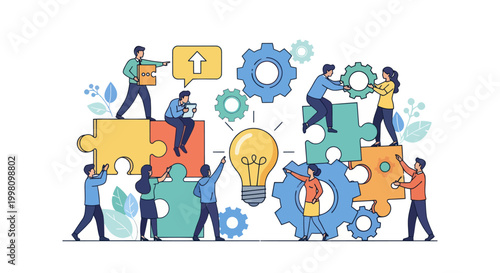 A vibrant illustration of a team collaborating on a puzzle with a lightbulb, surrounded by gears and icons on a white background, representing a