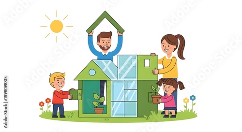 Happy Family Building Eco Friendly House with Solar Glass Panels