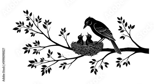 Bird Nest Silhouette with Mother Feeding Chicks on a Tree Branch