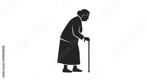 Elderly Woman Silhouette Walking with a Cane