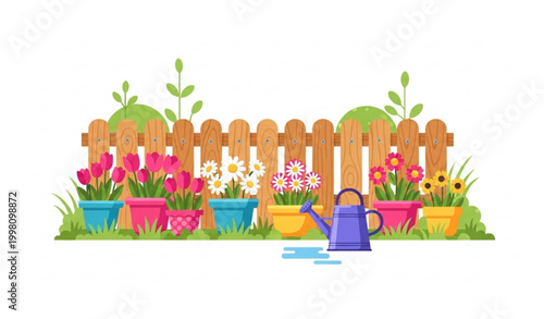  Backyard garden with fence flower pots and watering can flat spring landscape vector blooming floral care scene