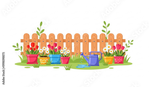 Backyard garden with fence flower pots and watering can flat spring landscape vector blooming floral care scene