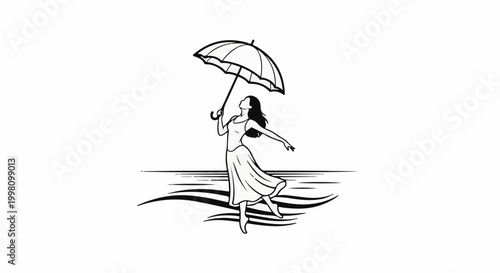 Graceful dancer holding umbrella aloft, light fabric dress flowing