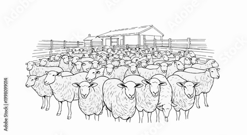 Flock of sheep gathered in a pen near a rustic building