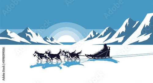 Dog sled team traverses icy terrain under a setting arctic sun