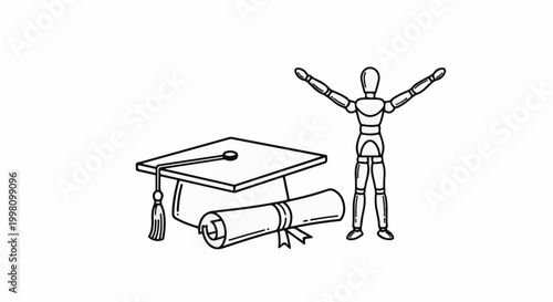 Graduation cap, rolled diploma, and articulated mannequin with arms raised