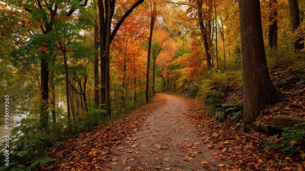 Fototapeta premium A scenic fall walk along a trail surrounded by trees with rich, warm colors and fallen leaves.