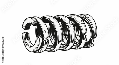 Detailed illustration of a coiled spring showing wear and tear, isolated on white
