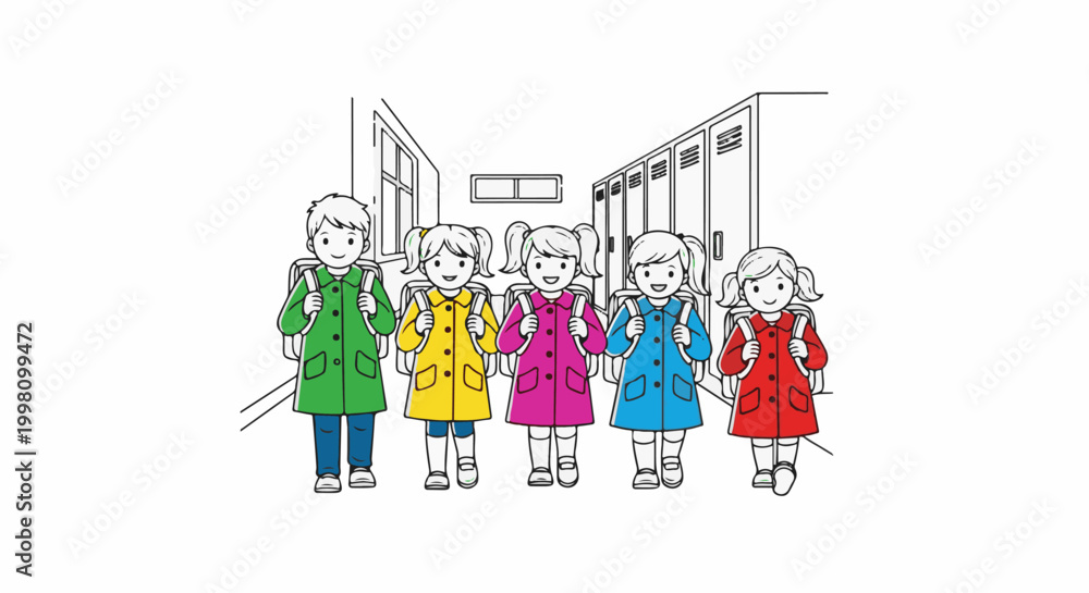 Naklejka premium Diverse children in colorful coats and backpacks stand in a school hallway