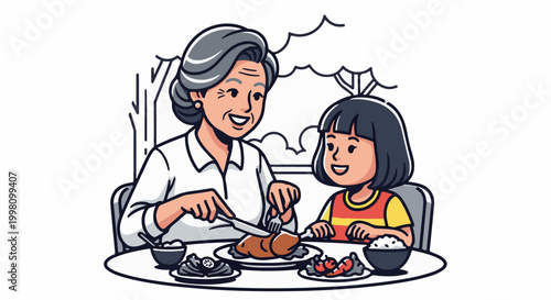 Grandmother and granddaughter enjoying a shared meal together at a table