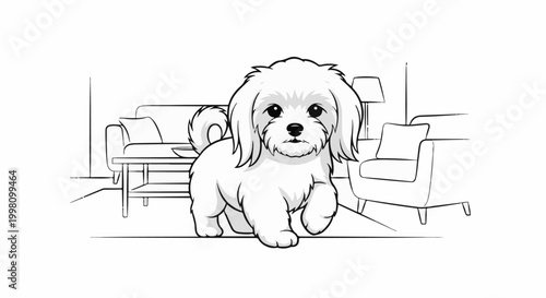 Fluffy white dog walks through a living room with furniture