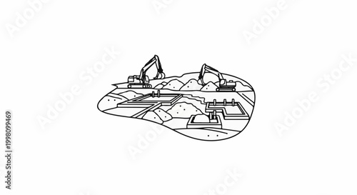 Excavators work on a foundation with piles of dirt and structural elements