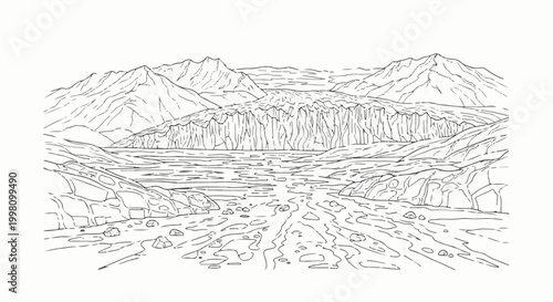Expansive glacial landscape with mountains and a rocky riverbed