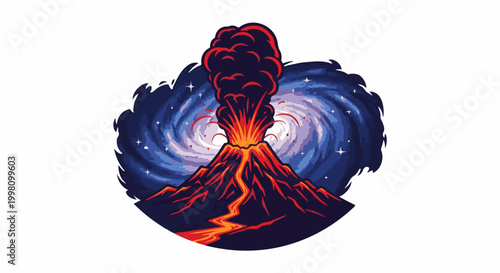 Exploding volcano erupting fiery lava into a starry, swirling galaxy