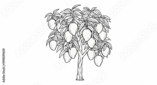 Detailed line drawing of a mango tree laden with ripe fruit