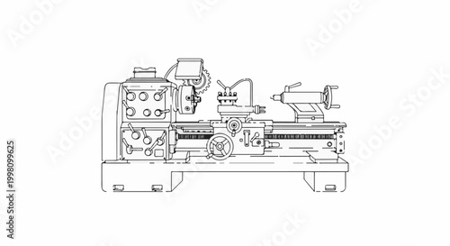 Detailed line drawing of a mechanical lathe with multiple control levers and gears