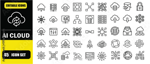 AI Cloud Computing Infrastructure Icon Set – SaaS Platforms, Data Storage, Server Networks, Cloud Architecture, Scalable Systems, DevOps Automation and Distributed Computing Line Icons – Thin Line Edi