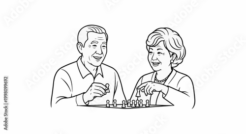 Elderly couple playing chess, smiling at each other